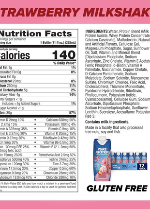 Pure Protein Strawberry Protein Shake, 30g Complete Protein, Ready to Drink and Keto-Friendly, Vitamins A, C, D, and E plus Zinc to Support Immune Health, 11oz Bottles, 12 Pack