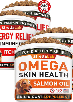 Allergy Relief 2 Packs 240ct + Omega 3 360ct for Dogs Bundle - Itchy Skin Treatment + Skin&Coat - Omega 3 & Pumpkin + Chondroitin, MSM - Allergy Chews & Anti Itch Support Supplement - Made in USA