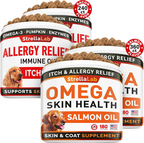 Allergy Relief 2 Packs 240ct + Omega 3 360ct for Dogs Bundle - Itchy Skin Treatment + Skin&Coat - Omega 3 & Pumpkin + Chondroitin, MSM - Allergy Chews & Anti Itch Support Supplement - Made in USA