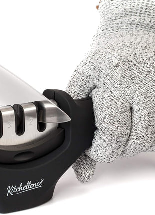 4-in-1 Kitchen Knife Accessories: 3-Stage Knife Sharpener Helps Repair, Restore, Polish Blades and Cut-Resistant Glove (Black)