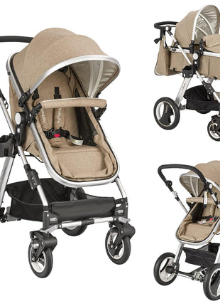 BABY JOY Baby Stroller, 2-in-1 Convertible Bassinet Reclining Stroller, Foldable Pram Carriage with 5-Point Harness, Including Cup Holder, Foot Cover, Diaper Bag, Aluminum Structure, Khaki