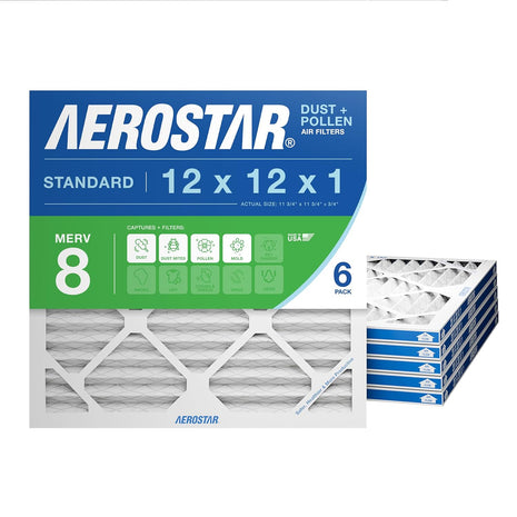 Aerostar 12x12x1 MERV 8 - 6 Count - High Efficiency Pleated HVAC, Furnace & Air Conditioner Filters - Removes Dust, Lint, Mold & Allergy-Causing Pollen