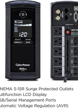 CyberPower CP850AVRLCD Intelligent LCD UPS Battery Backup | Surge Protector, 850VA/510W, 9 Outlets, AVR, Mini-Tower