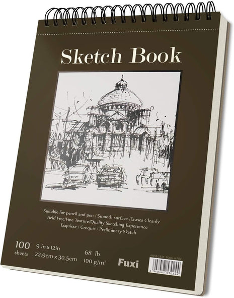 Fuxi 9" x 12" Sketch Book_Top Spiral Bound Sketchbook_100Sheets 68lb/100gsm | Art Sketch Pads for Drawing, Acid-Free Drawing Paper Pad for Kids, Students, Artists & Beginners, Art Supplies for Adults