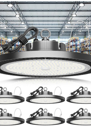 ELEKICO Super Bright 250w UFO LED High Bay Light 35000lm with Plug 5ft Cable (Eqv.1000w Mh/Hps/Hid),5000k High Bay Led Shop Lights Garage Lighting for Garage Factory Workshop Warehouse Barn -6pack