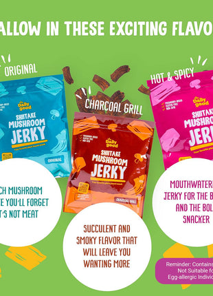 The Daily Good Mushroom Jerky - 3-Pack Snacks, Yummy High-Fiber Mushroom Snack, Gluten-Free Food, Contains Eggs, Made from Shiitake Stalk, 0.58 lbs., Vegetarian, Original, Hot & Spicy, BBQ Flavor