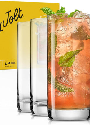 JoyJolt Faye 13oz Highball Glasses, 6pc Tall Glass Sets. Lead-Free Crystal Drinking Glasses. Water Glasses, Mojito Glass Cups, Tom Collins Bar Glassware, and Mixed Drink Cocktail Glass Set