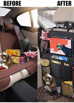 ULEEKA Car Backseat Organizer with 10 inch Table Holder, 9 Storage Pockets Seat Back Protectors Kick Mats for Kids Toddlers, Travel Accessories, 2 Pack