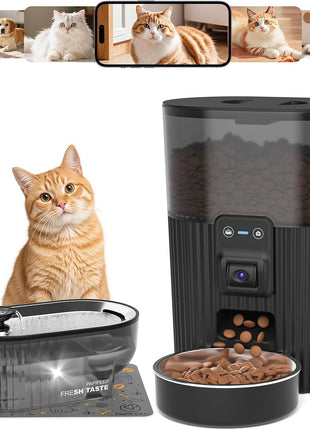 PAPIFEED Automatic Cat Feeder and Water Fountain Stainless Steel, WiFi Timed Auto Cat Feeder with Camera & App, Cat Food & Water Dispenser, Quiet Pet Drinking Fountain with LED, Smart Dog Feeder Set