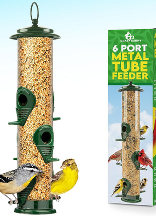 Bird Feeders for Outdoors (Green) Squirrel Proof Hanging Bird Feeder with Locking Lid & Adjustable Hanger, Chew-Proof, Weather Resistant 15 Inches 6 Port