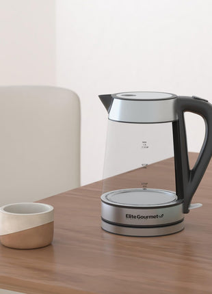 Elite Gourmet EKT-602 BPA-Free Electric Glass Kettle, Cordless 360° Base | Stylish Blue LED Interior, Auto Shut-Off Function, Quickly Boil Water for Tea & More