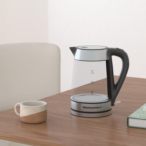 Elite Gourmet EKT-602 BPA-Free Electric Glass Kettle, Cordless 360° Base | Stylish Blue LED Interior, Auto Shut-Off Function, Quickly Boil Water for Tea & More