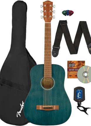 Fender FA 15 3/4 Scale Kids Steel String Acoustic Guitar   Blue Learn to Play Bundle with Gig Bag, Strap, Picks, Fender Play Online Lessons, and Austin Bazaar Instructional DVD