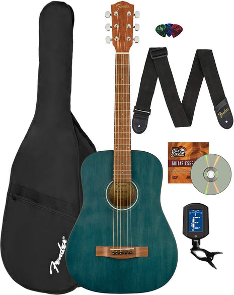 Fender FA 15 3/4 Scale Kids Steel String Acoustic Guitar   Blue Learn to Play Bundle with Gig Bag, Strap, Picks, Fender Play Online Lessons, and Austin Bazaar Instructional DVD