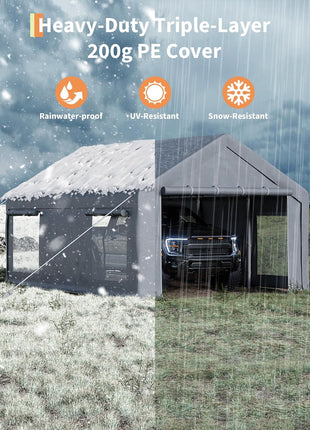 GarveeLife 12x20 Ft Carport, Car Port with 200g PE Tarp, Roll-Up Doors, and 4 Windows, for Full-Size Pickups, Bass Boats, Tractors, and SUVs, Gray