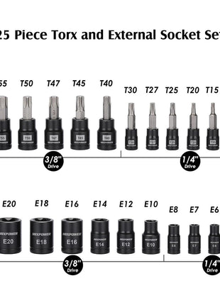 MIXPOWER 25 Piece Torx Bit and Socket Set, 13 Star Bits (T8- T60) & 12 E-Torx Sockets (E4-E22), Professional Grade Auto & Motorcycle Mechanic Set