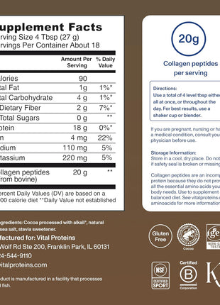 Vital Proteins Grass Fed Collagen Powder, Chocolate, 17.1 oz | Type I & III Collagen, Supports Hair Skin Nails & Joints, Hydrolyzed Collagen, Chocolate Flavor, 18 Servings