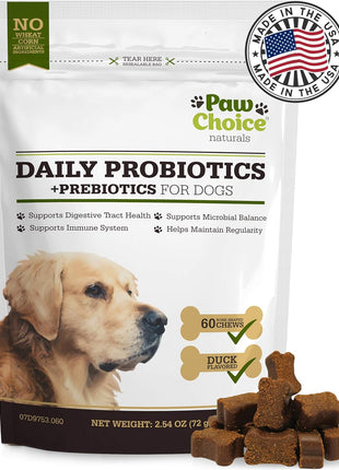 Paw Choice Probiotics for Dogs with Prebiotics - Daily Chews for Gut Health, Digestion, Regularity, and Immune Support - Natural Supplement Treat Made in USA
