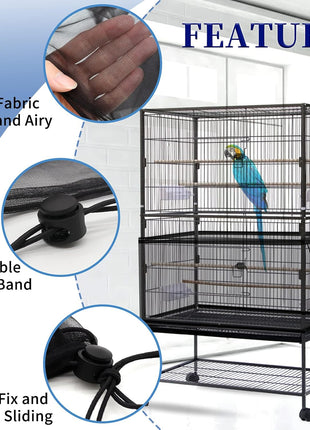 Daoeny Large Bird Cage Cover, Bird Cage Seed Catcher, Adjustable Soft Airy Nylon Mesh Net, Birdcage Cover Skirt Seed Guard for Parrot Parakeet Macaw African Round Square Cages (Black)