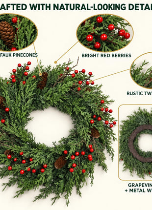 24 inch Christmas Wreath for Front Door, Real Touch Cedar Wreath