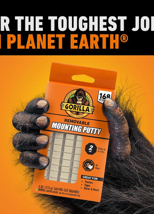 Gorilla Removable Mounting Putty Reusable & Repositionable Adhesive 168 Count Pre-Cut Squares (Pack of 1) Holds 2 lbs. Back to School Supplies for Teachers Students Parents, Indoor Outdoor