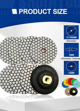 SHDIATOOL Dry Diamond Polishing Pads 4 Inch Set of 7 Pieces Plus a Rubber Backer for Granite Marble Stone Sanding Pads