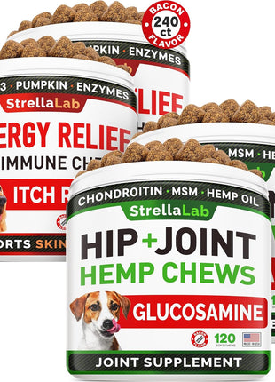 Allergy Relief + Large Breed Hemp + Glucosamine for Dogs Bundle - Itchy Skin + Hip & Joint Pain Relief - Omega 3 & Pumpkin + Chondroitin, MSM - Allergy Supplement, Hotspot Relief - 480ct - Made in USA