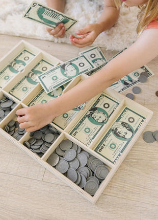Melissa & Doug Play Money Set - Educational Toy with Paper Bills and Plastic Coins (50 of Each Denomination) and Wooden Cash Drawer for Storage