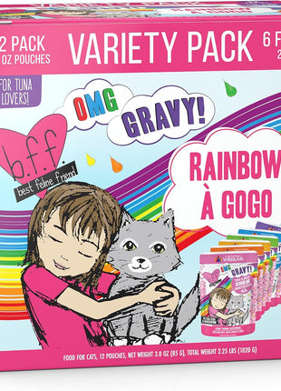 Weruva B.F.F. OMG - Best Feline Friend Oh My Gravy!, Rainbow A Gogo Variety Pack! Cat Food, 3oz Pouch (Pack of 12)