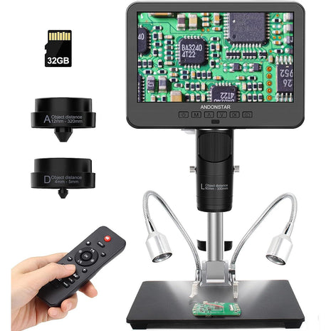 Andonstar AD246S-M 3 Lens 2160P HDMI Digital Microscope 2000x for Adults | 7 Inch LCD Soldering Microscope for Electronics Repair, Error Coins, Pro Boom Arm Stand, Windows Compatible