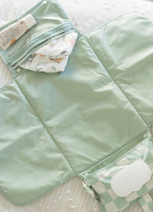Tiny Twinkle Portable Diaper Changing Pad | Waterproof, Wipeable & Compact Baby Changing Pad for Travel | Smart Wipes Pocket & Organized Storage| Newborn Shower Gift (Sage Checkers)