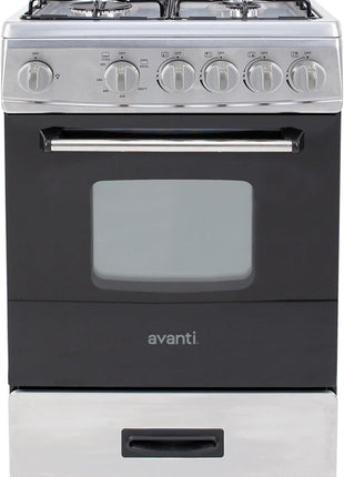 Avanti Compact Gas Range Oven, 4 Sealed Burners, 20-Inch, Stainless Steel | Avanti Compact Gas Range Oven, Freestanding with 4 Sealed Burners, Broiler with Pan, Storage Drawer, 20-Inch, Stainless Steel