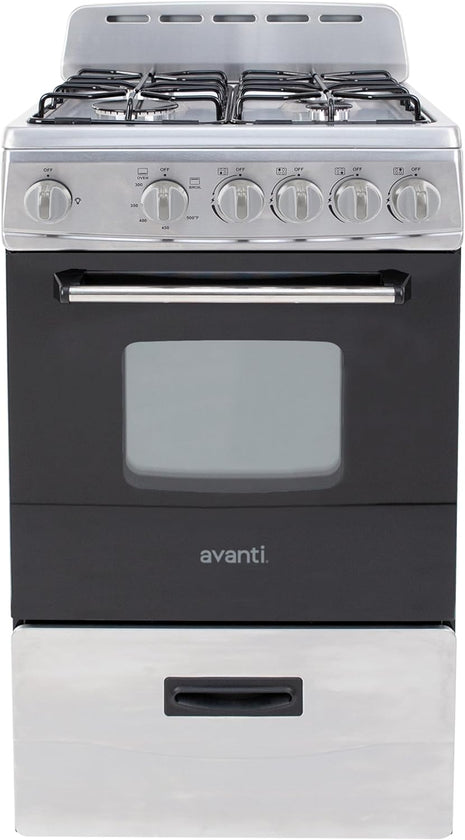 Avanti Compact Gas Range Oven, 4 Sealed Burners, 20-Inch, Stainless Steel | Avanti Compact Gas Range Oven, Freestanding with 4 Sealed Burners, Broiler with Pan, Storage Drawer, 20-Inch, Stainless Steel