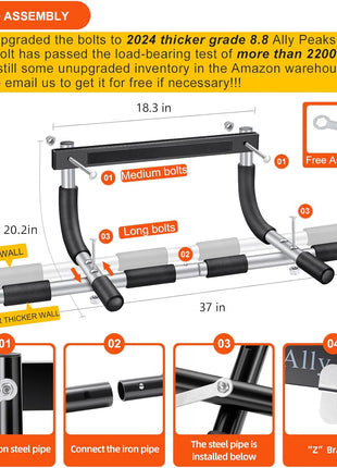 Ally Peaks Pull Up Bar for Doorway | Thickened Steel Max Limit 440 lbs Upper Body Fitness Workout Bar| Multi-Grip Strength for Doorway | Indoor Chin-Up Bar Fitness Trainer for Home Gym Portable
