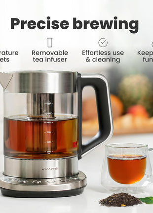 Viante Alba Electric Tea Kettle With Infuser, No Plastic, 1.5L | Borosilicate glass & 304 stainless steel construction. 4 temp presets, keep-warm, cordless, auto shut-off