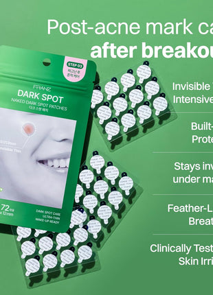 FRANZ Invisible Post-Acne Mark Patches, Tone-Care Dots (12 Count Trial) | 0.013mm matte film with niacinamide, tranexamic acid, glutathione & bakuchiol. UPF 50+ trial size, makeup-friendly