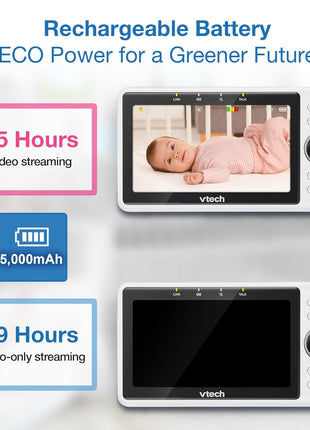 VTech Smart WiFi Baby Monitor, 2 Cameras – See Both Rooms at Home or from Anywhere, Free App, 1080p Split Screen, 5inch HD Screen, Pan-Tilt-Zoom, Night Vision | VM901-2
