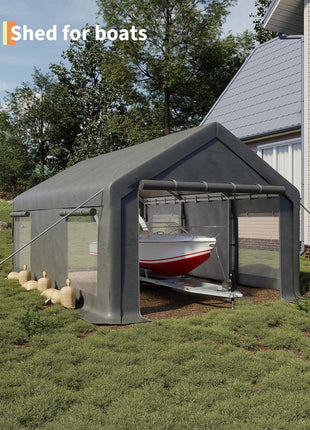 GarveeLife 12x20 Ft Carport, Car Port with 200g PE Tarp, Roll-Up Doors, and 4 Windows, for Full-Size Pickups, Bass Boats, Tractors, and SUVs, Gray