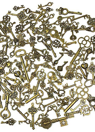 125 PCS Vintage Skeleton Key Set Charms, JIALEEY Mixed Antique Style Bronze Brass for Pendant DIY Jewelry Making Wedding Party Favors