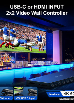 PORTTA 2x2 HDMI or USB-C Video Wall Controller 4K 60Hz, Video Wall Processor with 11 Splicing Modes, RS232, 180° Rotate, Audio Extractor, 2x2,1x2,1x3,1x4,2x1,3x1x4x1, 4 tv Screens into 1 Wall Display