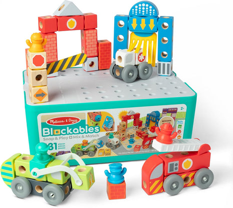Melissa & Doug BlockablesTM Deluxe City Snap and Play, Mix and Match Connectable Wooden Building Blocks Set with Storage Bin and Play Lid (122 Pcs) Ages 2 to 7- FSC Certified