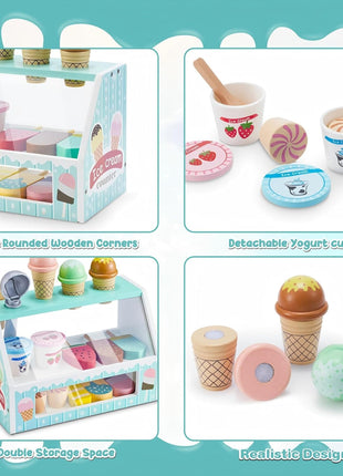 WHOHOLL Wooden Ice Cream Counter Playset for Toddler Girl Toys, Play Store Pretend Toy Food Play Kitchen Accessories with Fake Money & Coin, Christmas Birthday Gifts for 3+ Year Old Kids (Green)