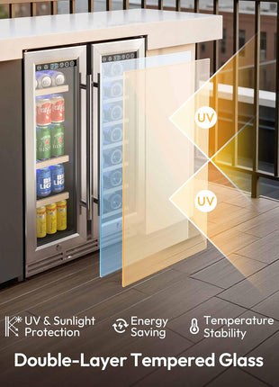 EUHOMY Wine and Beverage Refrigerator, 24 Inch Dual Zone Wine Cooler with Glass Door Hold 21 Bottles and 88 Cans, Built in or Under Counter Wine Fridge with Blue LED Light