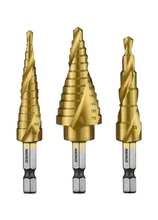 NEIKO 10181A Step Drill Bit Set, 3 Piece, Spiral Grooved for Faster Drilling, Step Bits for Stainless Steel, Metal, Wood, Plastic, Unibit Cone Drill Bits with 31 Step Sizes Total