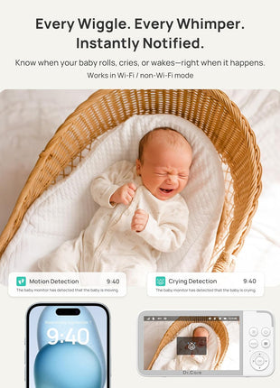 Dr.Care VistaView 5inch Smart WiFi Baby Monitor with Clip Mount - 2K HD Camera, App Control, Cry & Motion Alerts, Night Vision, 5000mAh Battery, 2-Way Talk, Multi-User, Triple Security