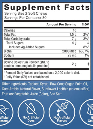 Force Factor Awesome Colostrum Supplement with Bovine Colostrum | Biotin, Grass-Fed, Antibiotic-Free, Supports Gut & Immune Health, Supports Hair, Skin & Nails, Berries & Cream, 60 Soft Chews