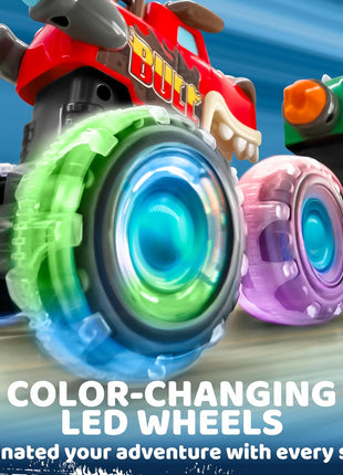 JOYIN 3 Pack Monster Truck Toy - Motion Activated Light Up Cars for Toddlers - Monster Glow Rover LED Wheels - Baby Boy Toys - Press and Go Dinosaur Trucks for Kids Boy Birthday Gifts