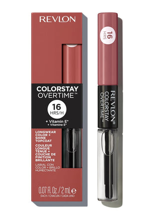 Revlon ColorStay Overtime Lipcolor, 350 Bare Maximum, 0.07 fl oz | Dual-ended liquid lipstick with clear lip gloss. Moisturizing ingredients. Won't smudge, bleed or feather.