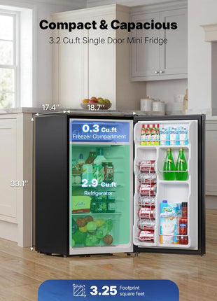 Upstreman 3.2 Cu.Ft Mini Fridge with Freezer, Quiet Efficient Small Fridge, Compact Refrigerator with Adjustable Thermostat, for Dorm, Bedroom, Office, Black-BR321
