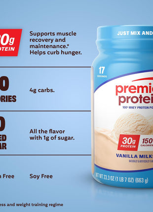Premier Protein 30g High Protein Powder, 100% Whey, Vanilla, 17 Servings | No Added Sugar, Supports Muscle Health, Soy & Gluten-Free, 1.5 lb